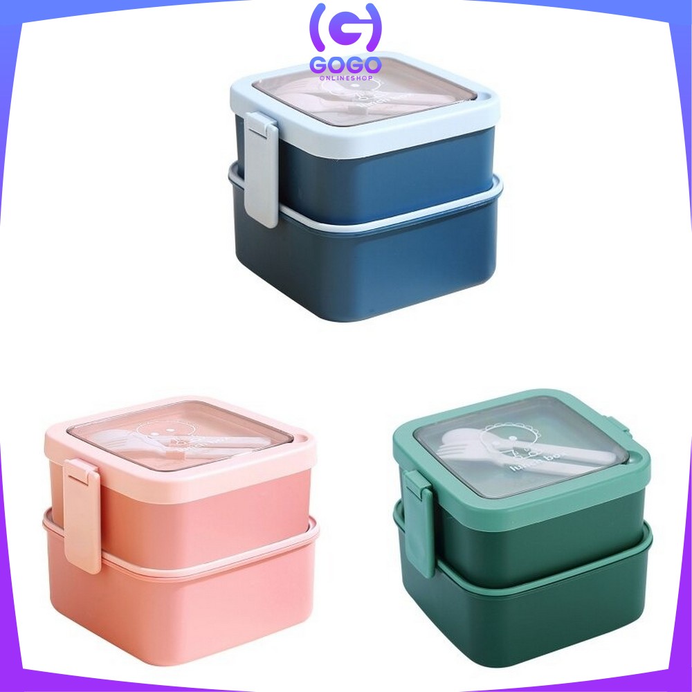 GOGO-C695 Lunch Box Set Tempat Makan 2 Susun Stackable BPA FREE / Kotak Bento Tingkat Dengan Sendok Garpu Set Portable