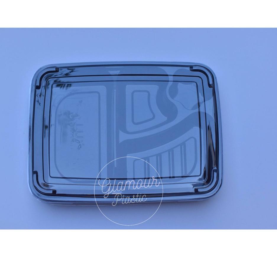 Kejar Hemat Mika Bento 4 Sekat MERK LUX Warna Hitam (1 Pack Isi 50 Pcs) Beserta Tutup Ukuran P:25 cm