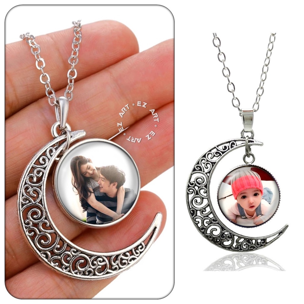 KALUNG CUSTOM LIONTIN BULAN SABIT FREE REQUEST FOTO GAMBAR SENDIRI KACA BULAT TALI KULIT RANTAI