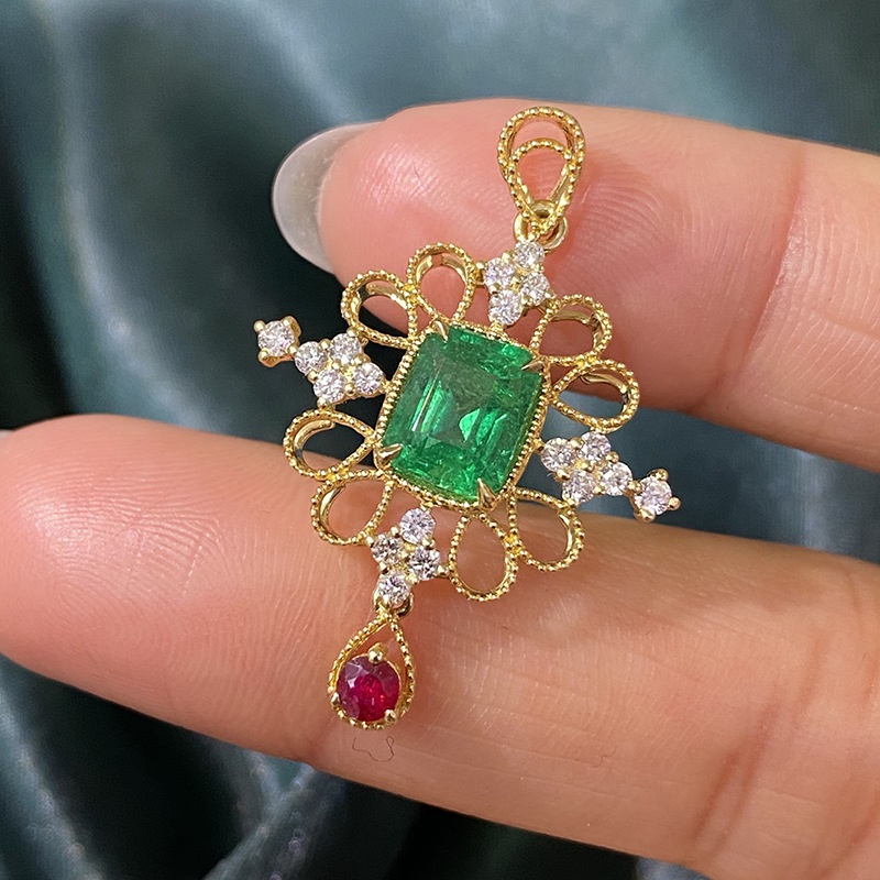 Goldkingdom Perhiasan Fashion 24K Bangkok Aksesoris Ready Stock Natural Emerald Pendant Ruby Vintage Lapis K Emas Asli Kadar 375 Manik Kalung