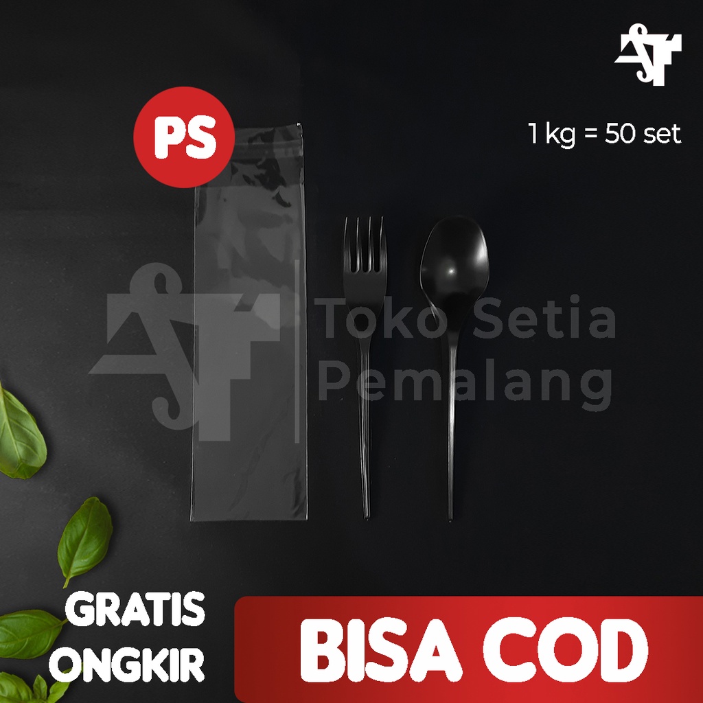 Set Sendok Plastik Hitam Garpu Plastik Hitam Higienis Murah Kuat Tebal