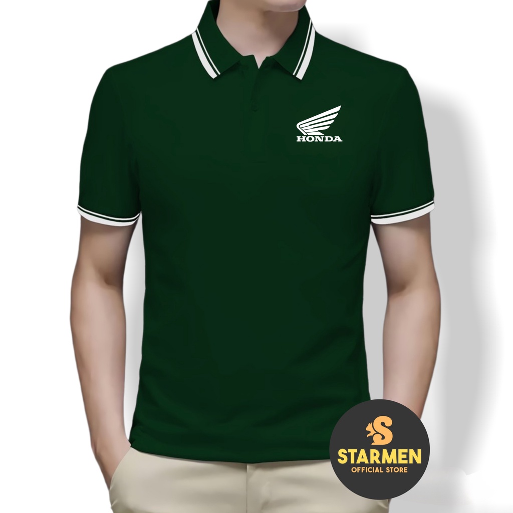 Kaos Polo Shirt Pria Kerah List Putih Logo HONDA