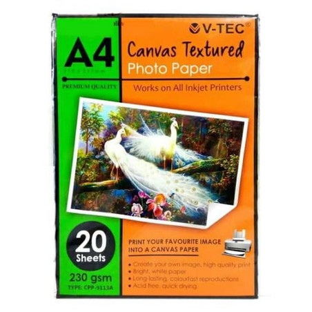 

V-TEC CANVAS TEXTURED PHOTO PAPER A4 / V-TEC KERTAS FOTO TEKSTUR KANVAS A4 230 Gsm Type : CPP - 9113A