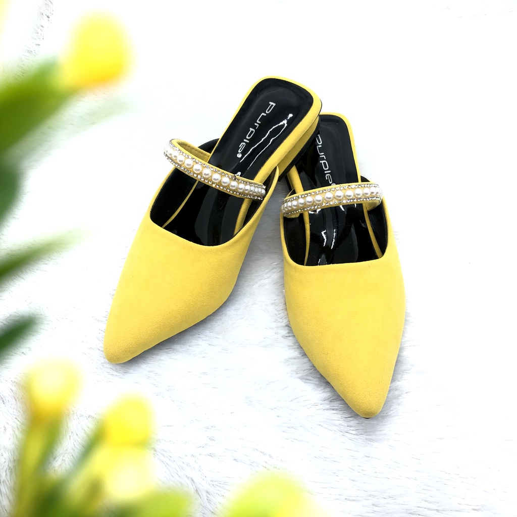 Sepatu Flat Shoes Wanita Mutiara slip on Mules Suede