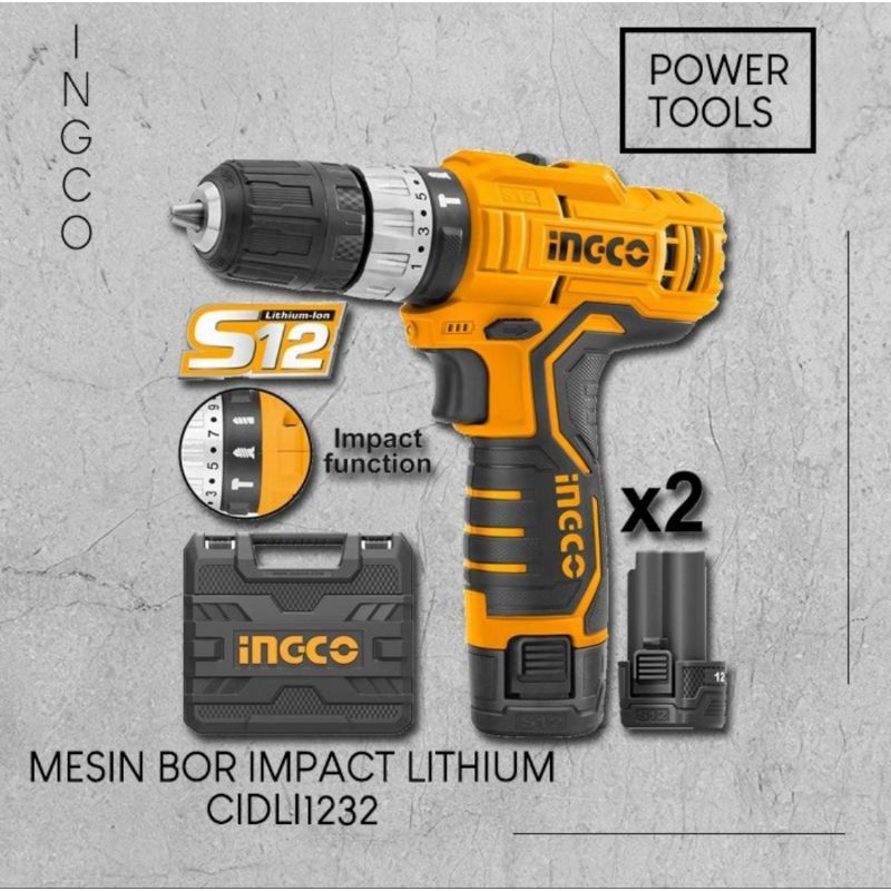 MESIN BOR BATERAI IMPACT CORDLESS 12V INGCO CIDLI1232  UNTUK BETON BESI KAYU