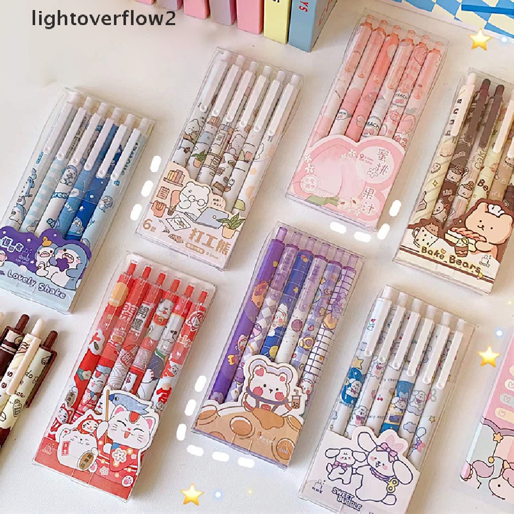 (lightoverflow2) 6pcs / Set Pulpen Tinta Gel Bentuk Kartun Beruang / Kelinci Untuk Stationery (ID)