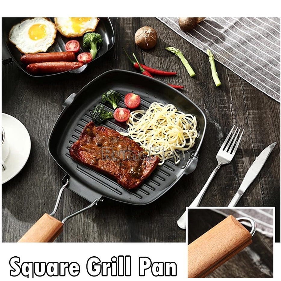 WAJAN GRILL PAN GAGANG KAYU LIPAT 20CM BAHAN TEFLON ANTI LENGKET