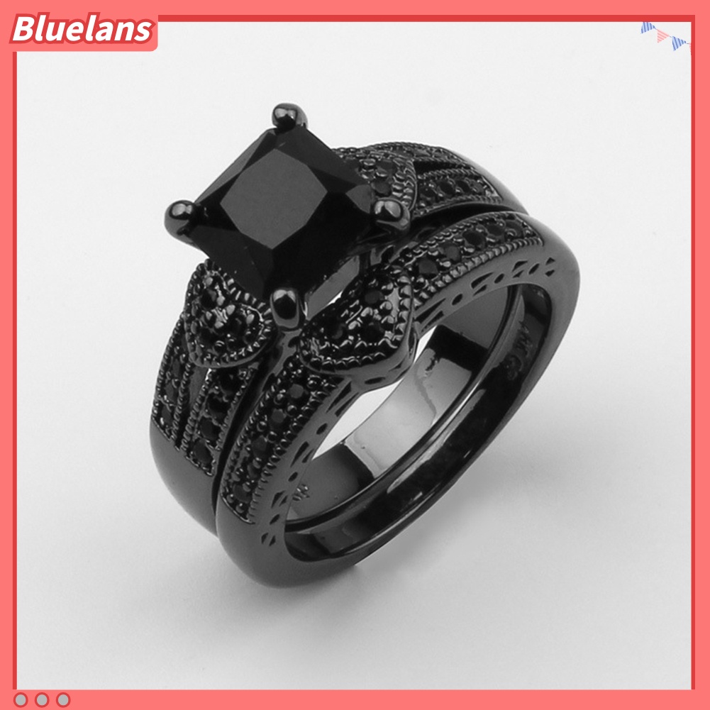 Bluelans 2Pcs Women Men Luxury Black Cubic Zircon Inlaid Finger Ring Jewelry Gift