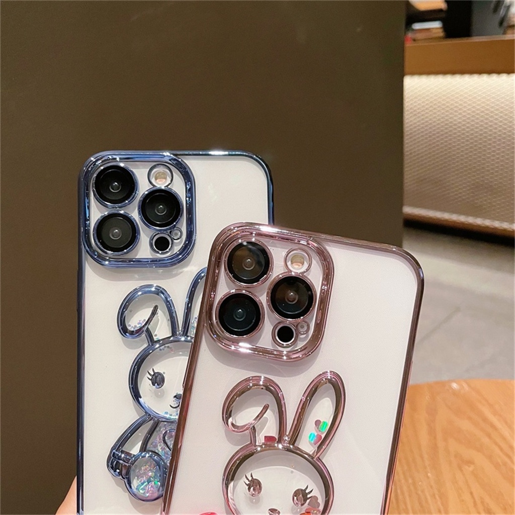 Case Pelindung Kamera Desain Kelinci 3D Warna Ungu Tahan Banting Untuk iphone 14 pro max 14 plus 11 12 13 pro max