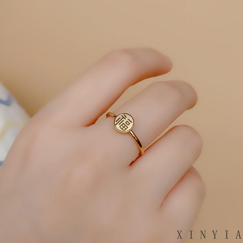 【Bayar di tempat】Cincin Bahan Titanium Steel 18K Gold Gaya China Retro Untuk Wanita