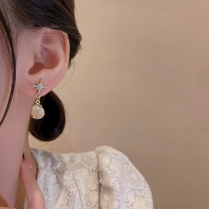 Anting Stud Bahan 925 silver needle Aksen Berlian Opal Untuk Wanita