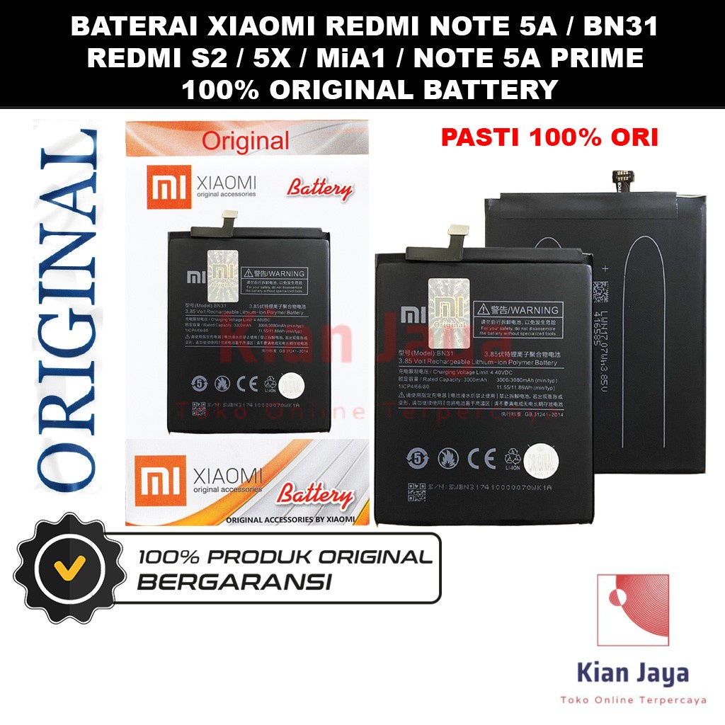 [Garansi 100% Ori] Baterai Untuk Handphone Xiaomi Redmi Note 5a Prime Redmi S2 Redmi 5X MiA1 BN31 Batre Batrai Battery Hp BN 31 Original