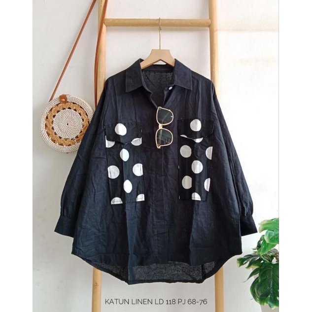 KEMEJA WANITA LINEN - ATASAN KEMEJA POLKADOT 2 WARNA - KEMEJA SIMPLE WANITA