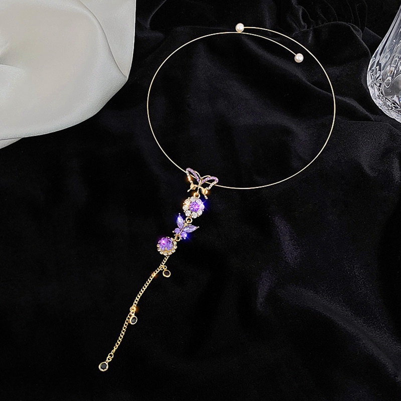 Kalung Choker Rumbai Desain Bunga Kupu-Kupu Aksen Kristal Berlian Imitasi Gaya Bohemian Untuk Wanita
