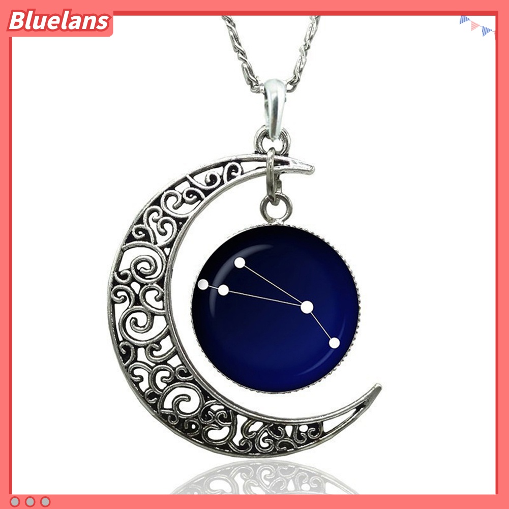 Kalung Liontin Bulan Sabit Astrologi Bahan Kaca Cabochon Model Hollow Untuk Wanita