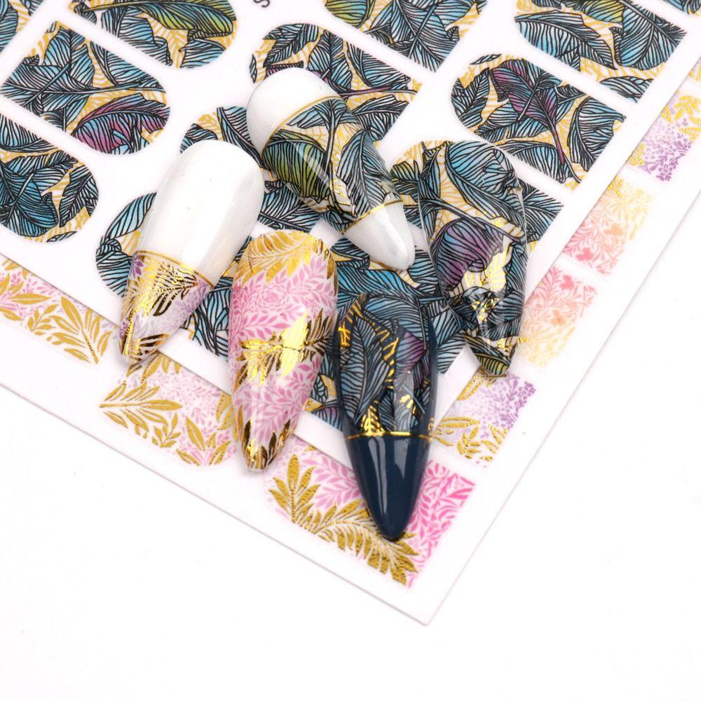AUGUSTINA Agustin 3D Stiker Kuku Bronzing Daun Maple Wanita Perekat Diri Musim Gugur Musim Semi Kuku Seni Dekorasi