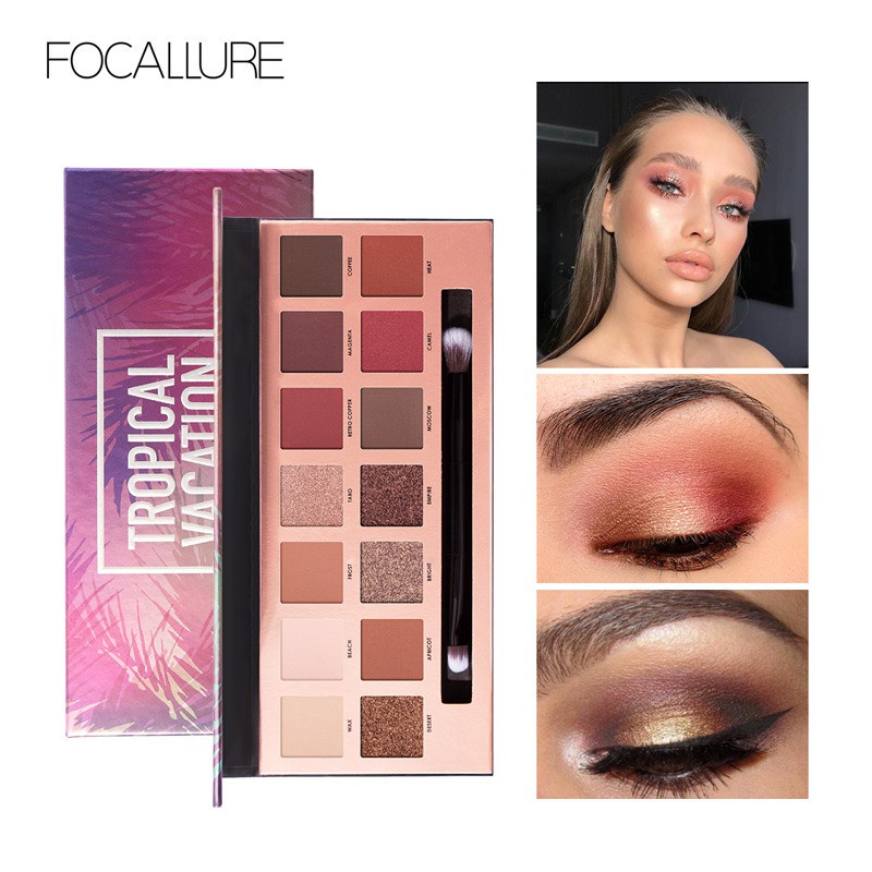 FOCALLURE FA49-T 14 Colors Eyeshadow Palette With Brush #Tropical Vacation Palet Kosmetik Alis High Pigment And Smooth P