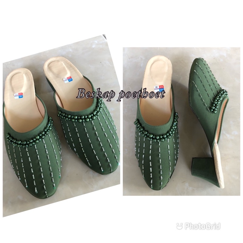 selop pengantin / slop payet / wedding shoes hijau sage green tua