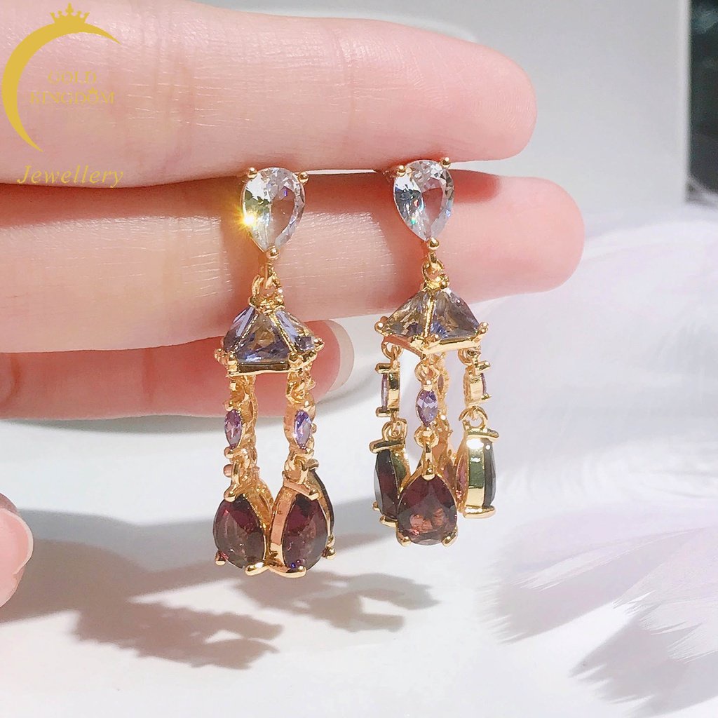 Goldkingdom Perhiasan Fashion Emas Asli Kadar 375 Bangkok Aksesoris Ready Stock Lapis Emas Anting Amethyst S925 Perak Pin Mewah Regal Vintage Earrings