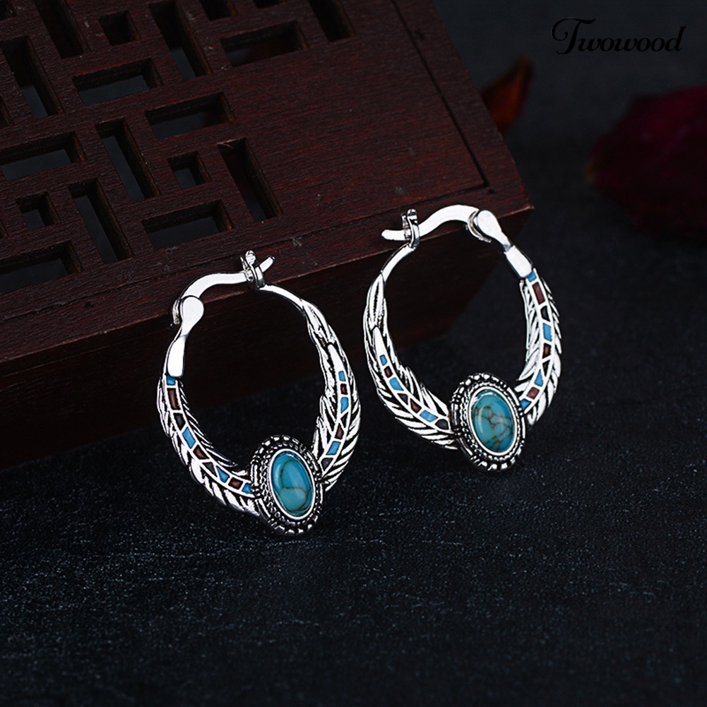 Anting Juntai Bentuk Bulu Aksen Turquoise Imitasi Gaya Vintage Untuk Wanita