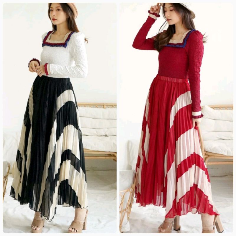 A1692 Set2in1 Setelan Baju atasan blouse lengan panjang set rok panjang plisket prisket ala Korea Ko