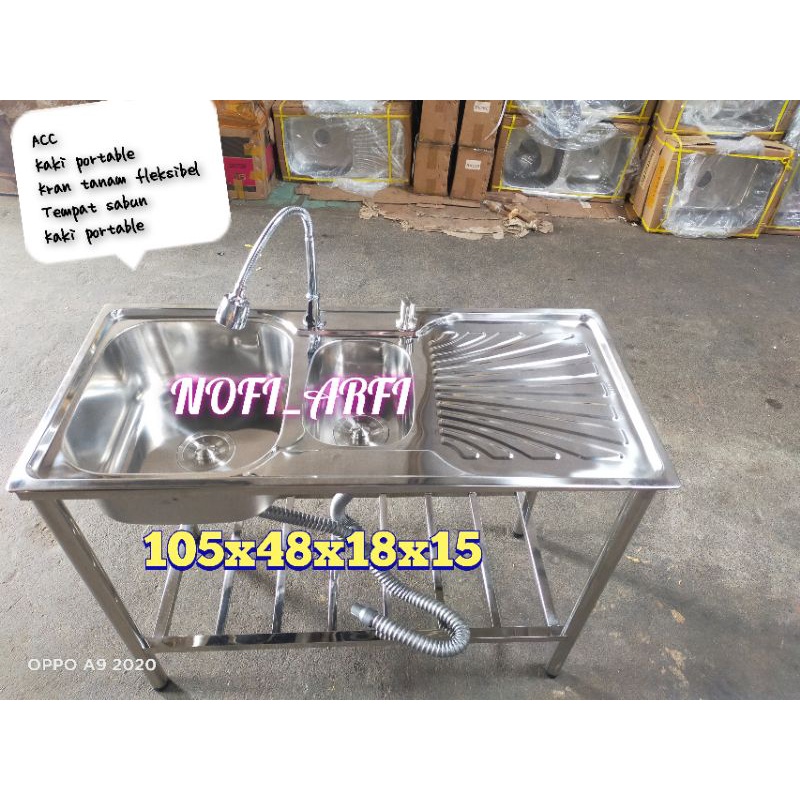 PAKET KOMPLIT BAK CUCI PIRING PORTABLE / KITCHEN SINK WASTAFEL/STAINLESS 105 CM 2 LUBANG/MEJA/KAKI/K