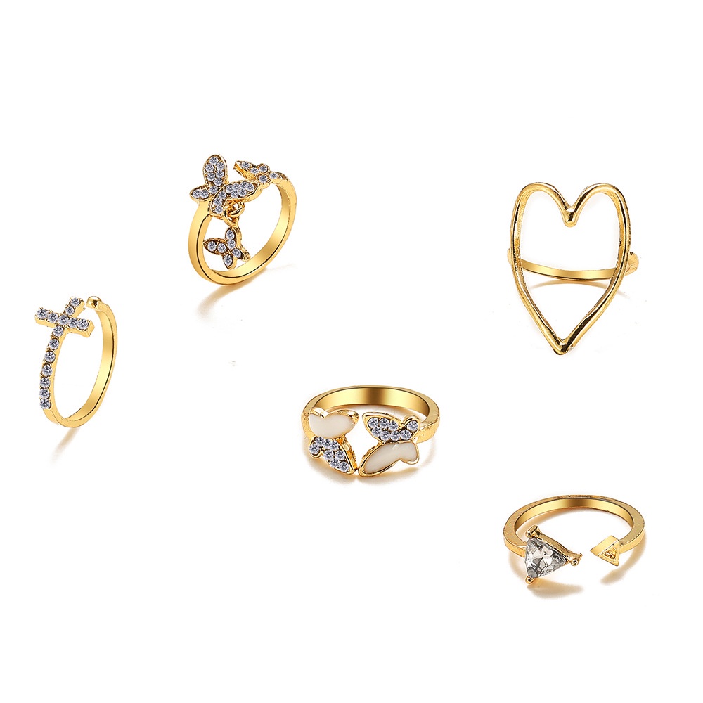 5pcs / Set Cincin Bentuk Kupu-Kupu Geometris Aksen Kristal Berlian Untuk Wanita Butterfly