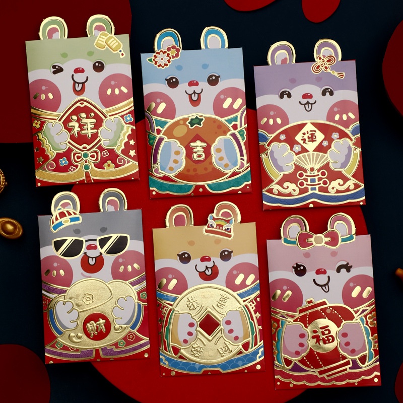 6pcs Amplop Angpau Merah Mini Motif Kelinci 3D Untuk Tahun Baru Imlek 2023