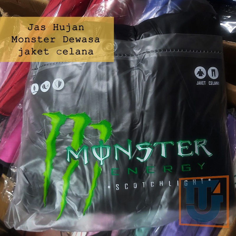 Monster Energy Raincoat Setelan Mantel Jas Hujan Jaket Celana Dewasa Polos Hitam