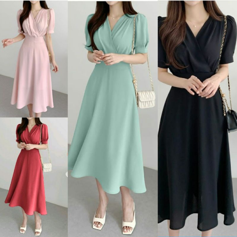 DRESS WANITA DRESS KOREAN STYLE DRESS KOREA DRESS SHEREN DRESS PUTIH DRESS HITAM DRESS POLOS CASUAL 