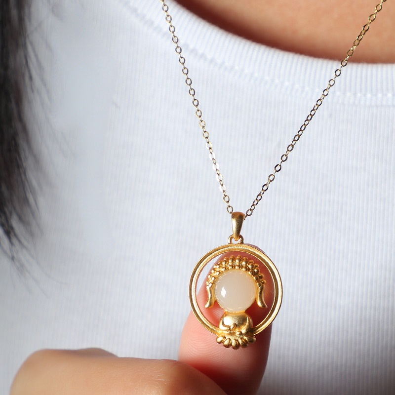 Goldkingdom Fashion Perhiasan 24K Bangkok Aksesoris Ready Stock Buddha Liontin Bertatahkan Wada Giok Putih Jasper Emerald Gilt Kalung Perempuan