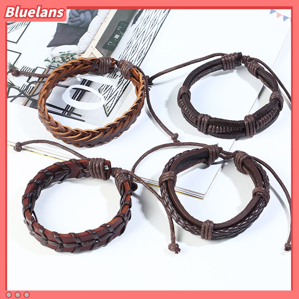 12pcs / Set Gelang Multilayer Bahan Kulit Imitasi Gaya Vintage Untuk Pria