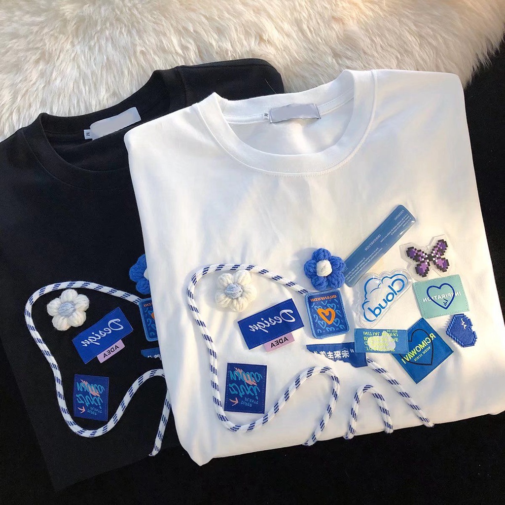 [littlecrab] Kaos Oversize Outline Pita Biru Putih Design Awan Bunga Kupu-Kupu Bordir T-shirt Couple Unisex Lembut Berkualitas Motif Cloud Flower Blue White Unik Korean Style