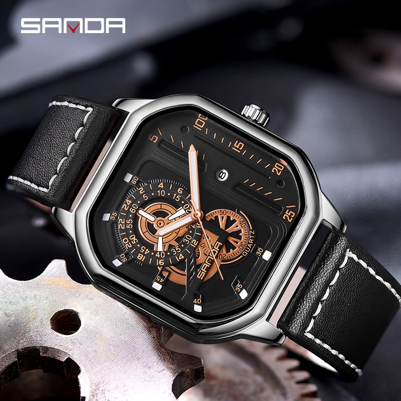 SANDA 7038 Jam Tangan Pria Analog Chronograph Tali Kulit Luminous Display WATCHKITE WKOS