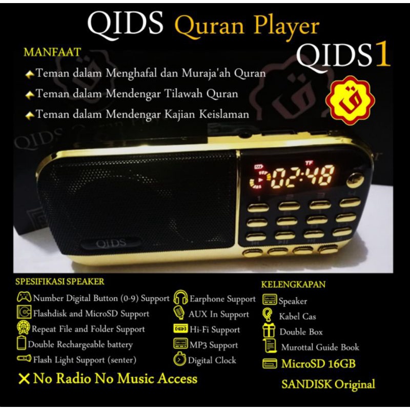 Speaker Quran QIDS, Speaker Hafalan, MicroSD 16GB, Buku Panduan QIDS