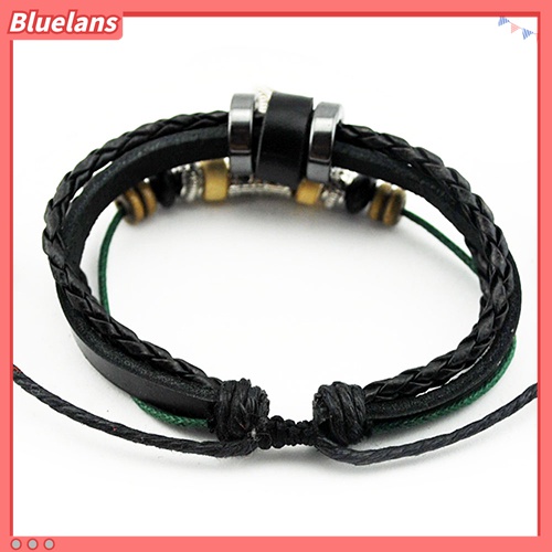 Gelang Multilayer Adjustable Bahan Kulit Imitasi Dengan Liontin Daun Untuk Unisex