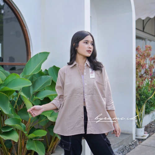 Kemeja Wanita Oversize Linen Olivia Shirt Linen Pocket Oversize-CREAM
