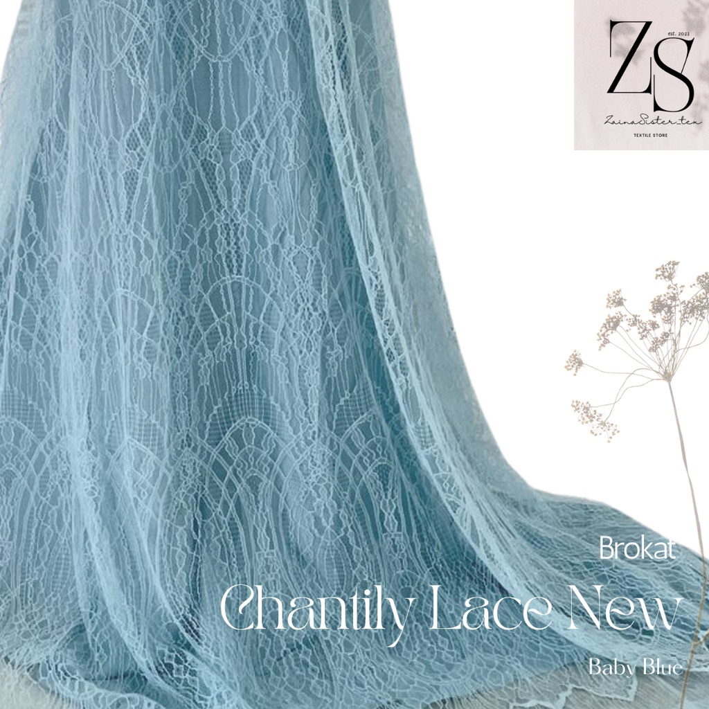 Bahan Kain Brokat Brukat Panel Chantily Lace Semi Prancis France Warna Biru Muda Baby Blue Soft Blue