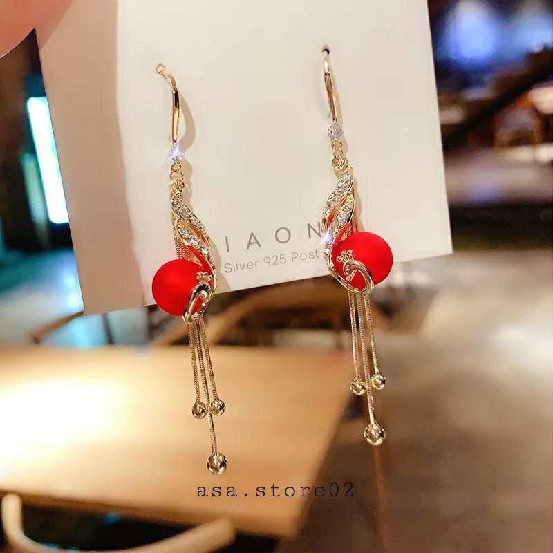 Anting Wanita Tusuk Gantung Anting Motif Merak Berlian Merah