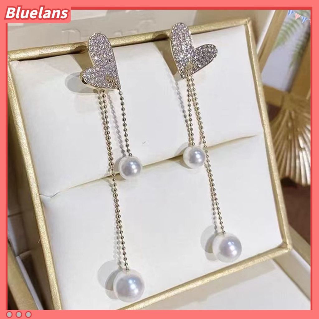 Anting Rumbai Panjang Bentuk Hati Aksen Berlian Imitasi Untuk Wanita