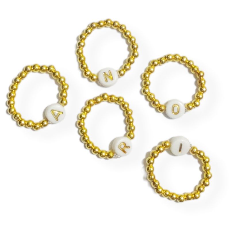 Cincin Inisial Golden Metalic Beads Initial Ring Elastic Huruf Alphabet Custom Gold Series