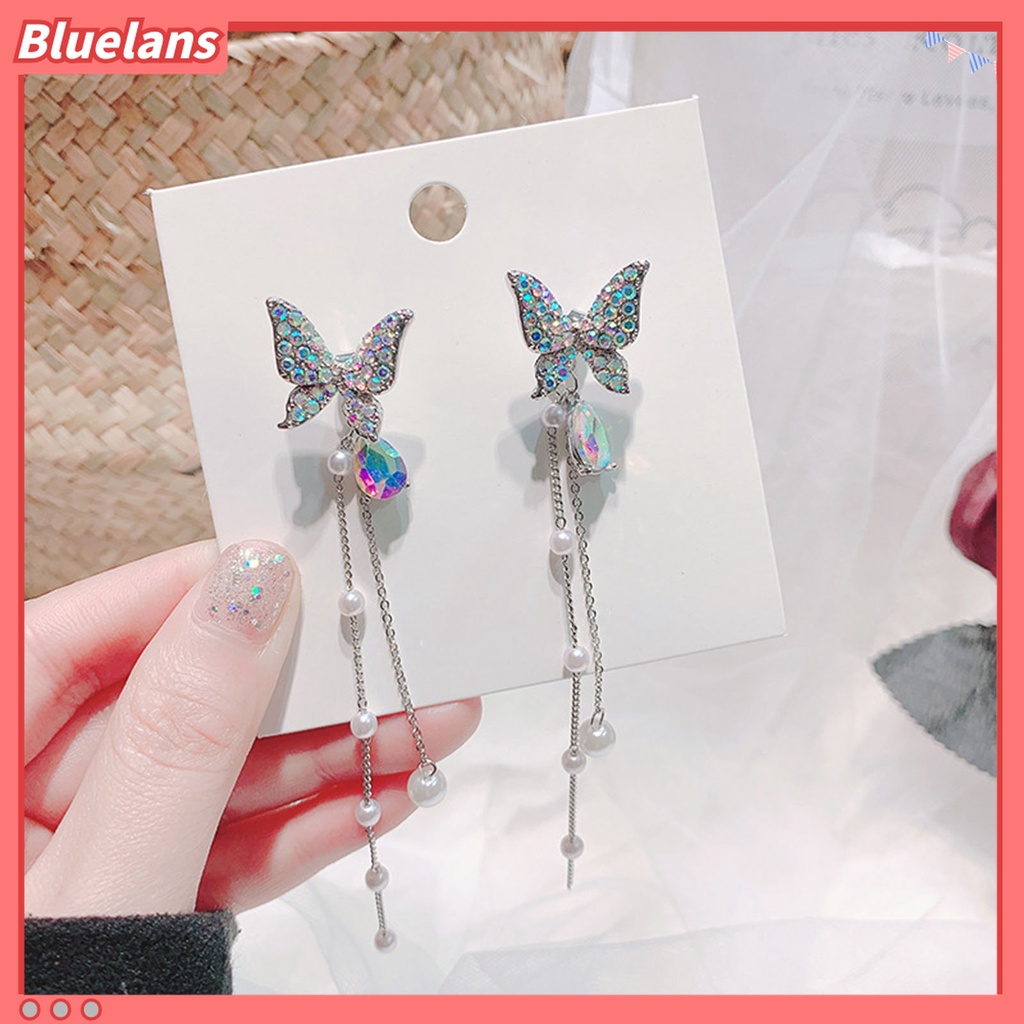 1 Pasang Anting Stud Rantai Rumbai Kupu-Kupu Mutiara Berlian Imitasi Kilau Untuk Wanita