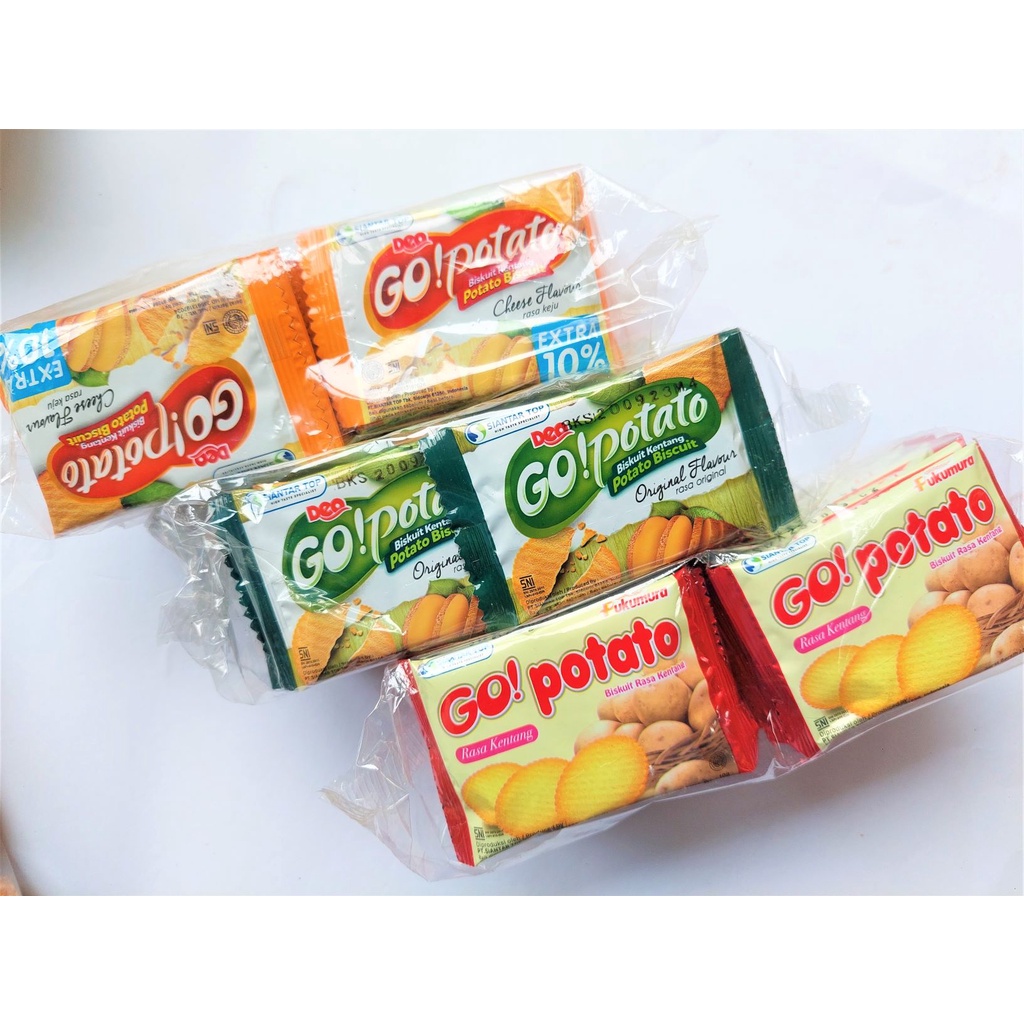 

Go Potato Biskuit Kentang 1 pack isi 20pcs / Go Potato Renceng / Rasa Original / Rasa Keju/ Brio Go Potato Termurah / Brio Go Potato Promo / Brio Go Potato box / Biskuit Kentang Brio Go Potato