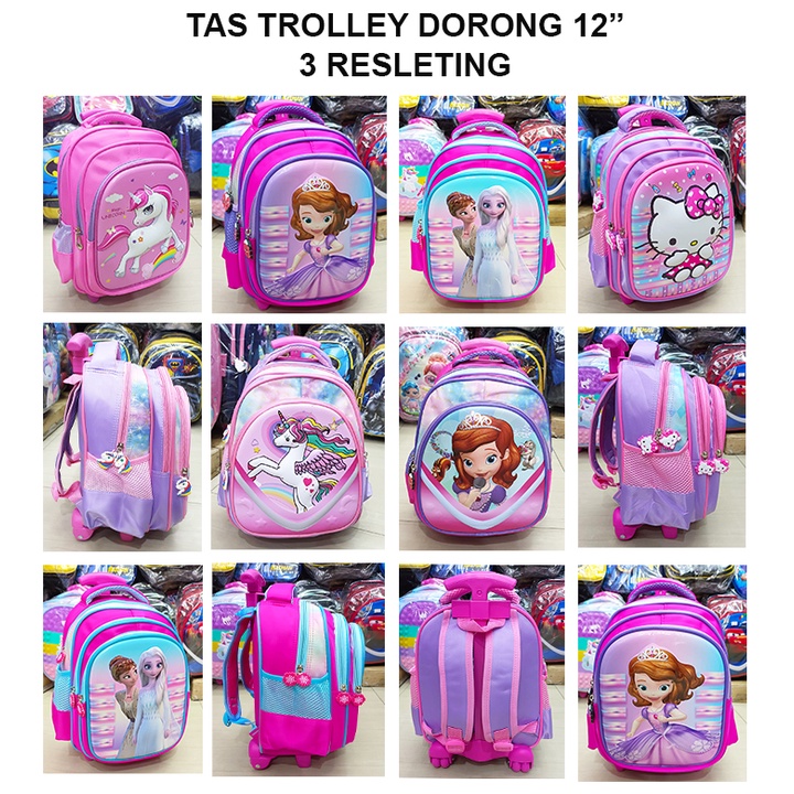 Tas DORONG Trolley Anak Sekolah TK / Play Group / PAUD GAMBAR KUDA PONY dan PUTRI SALJU Luwi Garis V 12inch TIMBUL GLOSSY/ EMBOS 3 RESLETING IMPORT ( Kumbang 12&quot; )