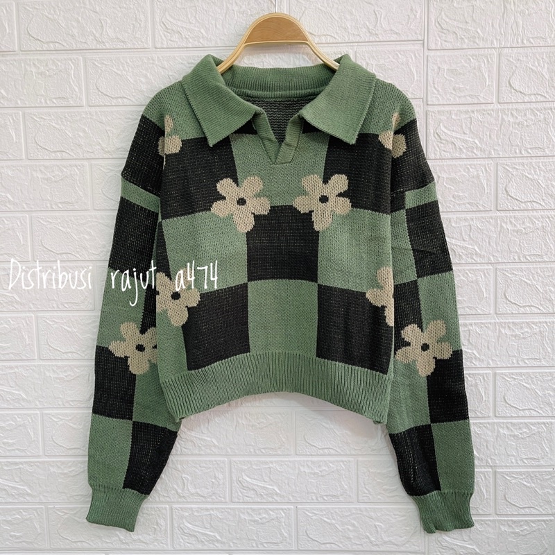 FAMELA ATASAN  SWEATER RAJUT CROP  KERAH MOTIF KOTAK KOTAK BUNGA WANITA