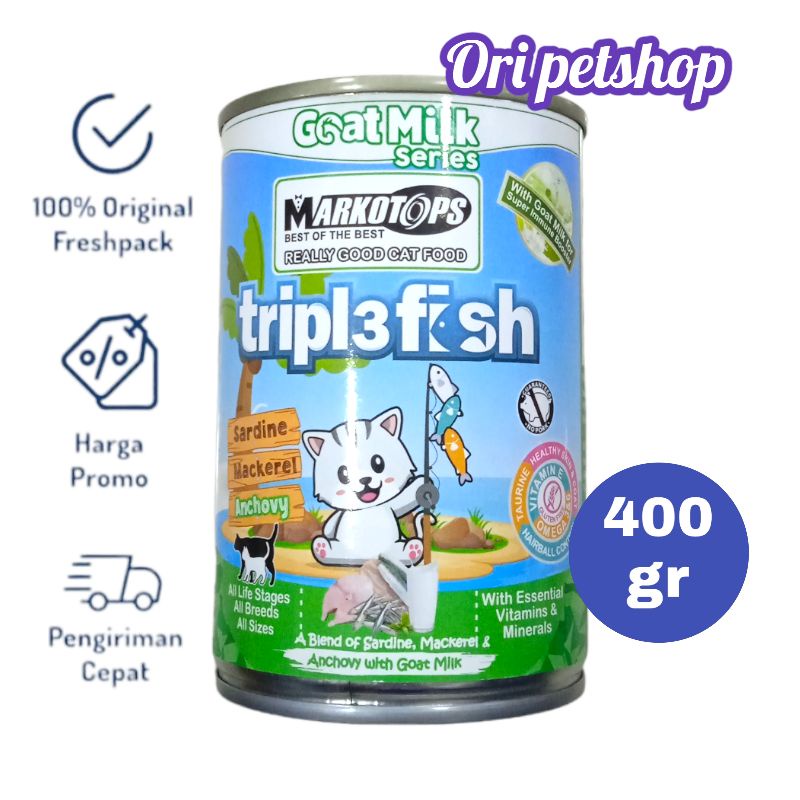 Markotops Kaleng 400gr Wet Cat Food - Triple Fish Sardine Malcerel Anchovy Goat Milk