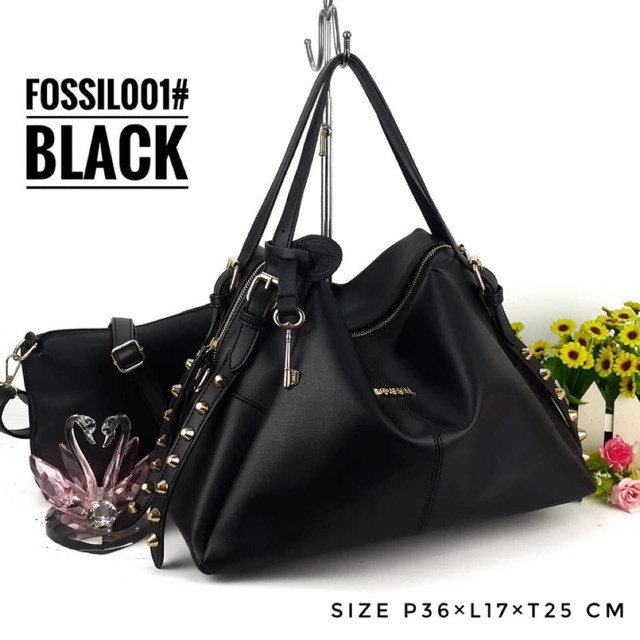 PROMO TAS WANITA Tas batam FOSSIL 001 premium tas wanita fosil tote bahu import murah - Hitam KEKINI