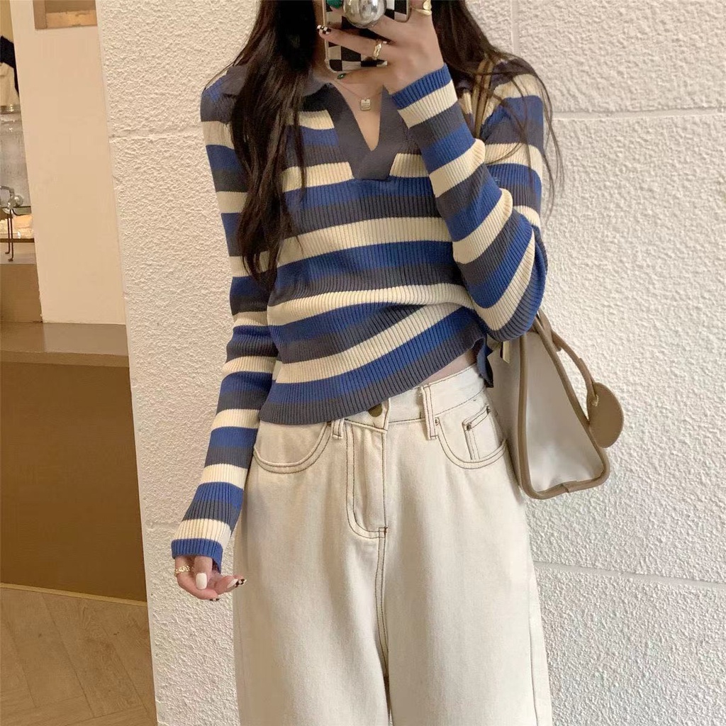 YIU YIU Rajut - Atasan Knit Wanita Lengan Panjang Korean Style V-neck Inner Stripe Top