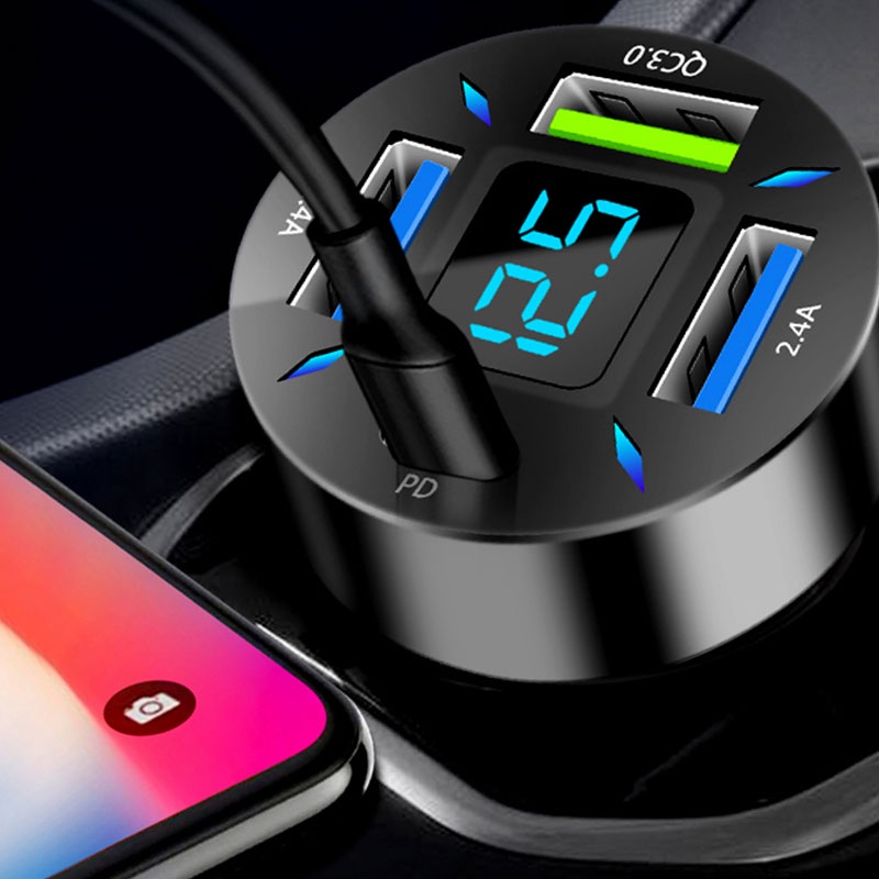 Adapter Charger Mobil 4 port USB Fast Charging Dengan Display Digital