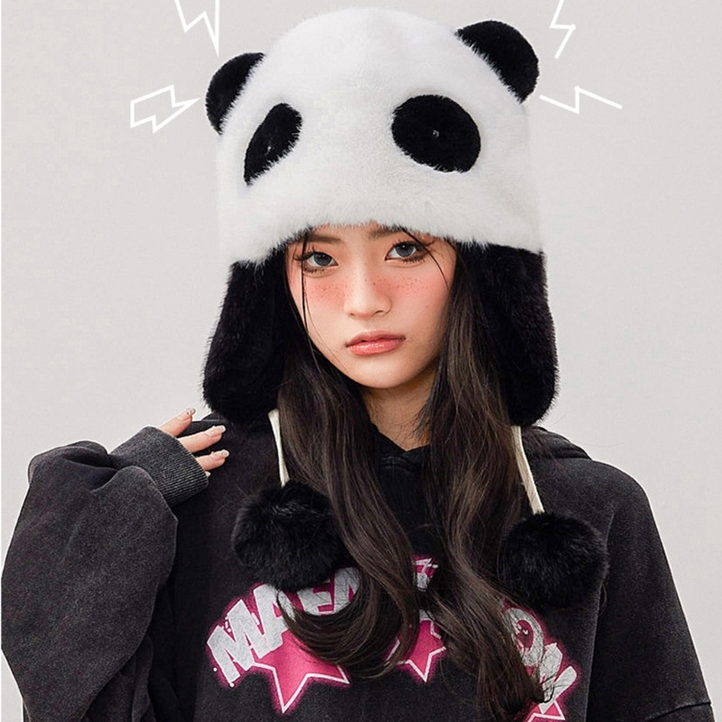 Topi Bomber Pelindung Telinga Desain Panda Bahan Plush